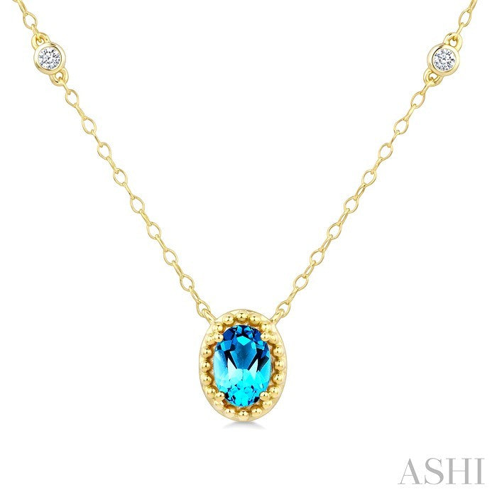 7X5 MM Oval Cut Blue Topaz and 1/10 Ctw Round Cut Diamond Bead Bijoux Semi-Precious Station Necklace in 10K Yellow Gold