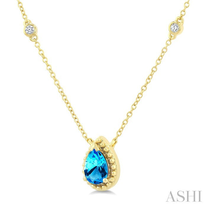 7X5 MM Pear Cut Blue Topaz and 1/10 Ctw Round Cut Diamond Semi-Precious Station Necklace in 10K Yellow Gold