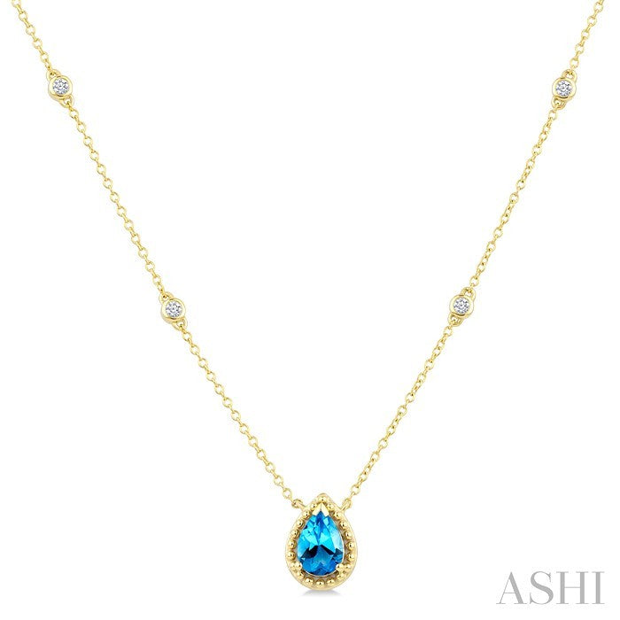 7X5 MM Pear Cut Blue Topaz and 1/10 Ctw Round Cut Diamond Semi-Precious Station Necklace in 10K Yellow Gold