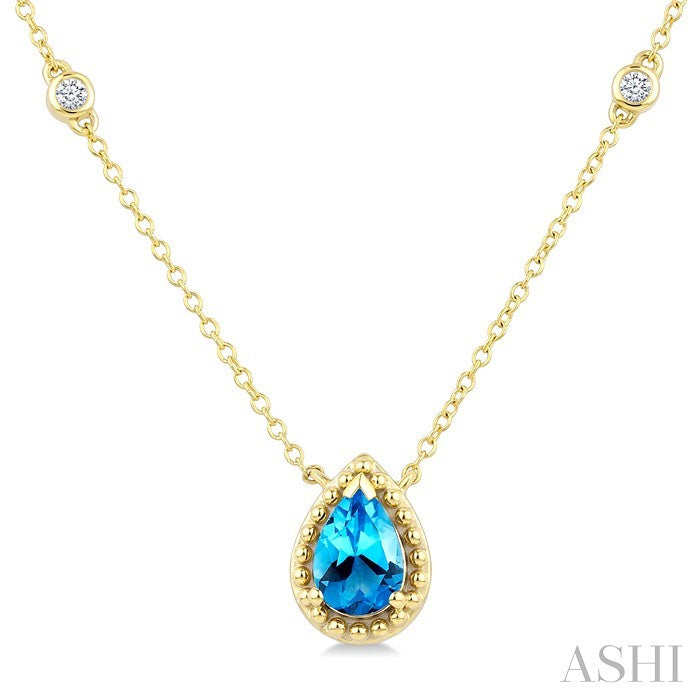 7X5 MM Pear Cut Blue Topaz and 1/10 Ctw Round Cut Diamond Semi-Precious Station Necklace in 10K Yellow Gold