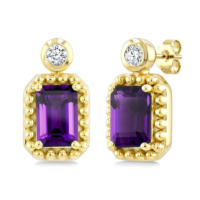 6X4 MM Octagon Cut Amethyst and 1/20 Ctw Round Cut Bead Bijoux Diamond Semi-Precious Beaded Earrings in 10K Yellow Gold