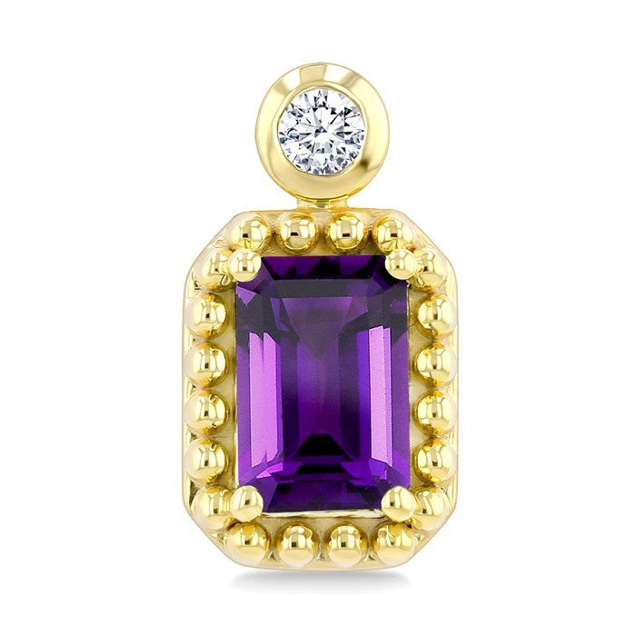 6X4 MM Octagon Cut Amethyst and 1/20 Ctw Round Cut Bead Bijoux Diamond Semi-Precious Beaded Earrings in 10K Yellow Gold