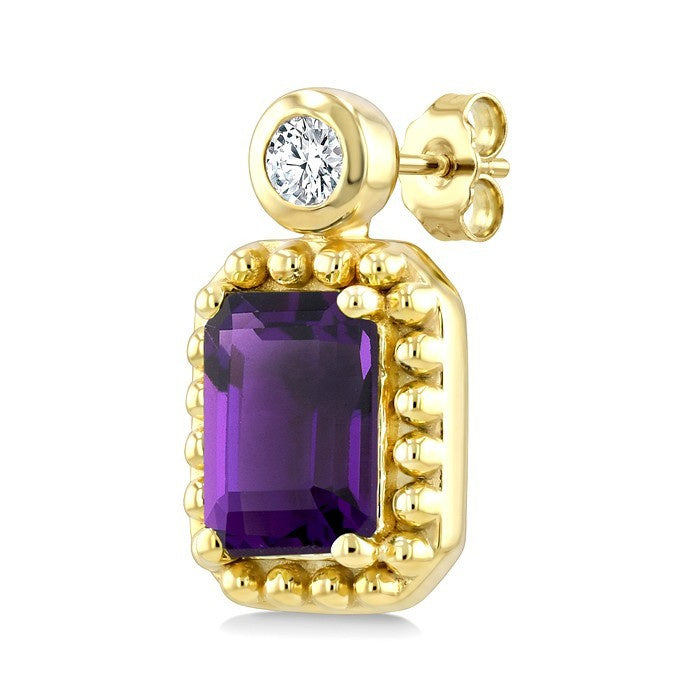 6X4 MM Octagon Cut Amethyst and 1/20 Ctw Round Cut Bead Bijoux Diamond Semi-Precious Beaded Earrings in 10K Yellow Gold