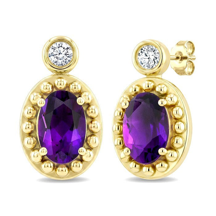 6X4 MM Oval Cut Amethyst and 1/20 Ctw Round Cut Bead Bijoux Diamond Semi-Precious Beaded Earrings in 10K Yellow Gold