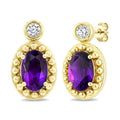 6X4 MM Oval Cut Amethyst and 1/20 Ctw Round Cut Bead Bijoux Diamond Semi-Precious Beaded Earrings in 10K Yellow Gold