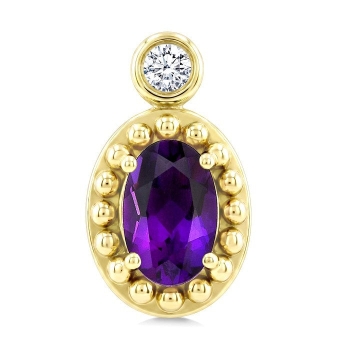 6X4 MM Oval Cut Amethyst and 1/20 Ctw Round Cut Bead Bijoux Diamond Semi-Precious Beaded Earrings in 10K Yellow Gold