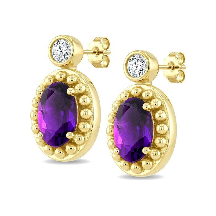 6X4 MM Oval Cut Amethyst and 1/20 Ctw Round Cut Bead Bijoux Diamond Semi-Precious Beaded Earrings in 10K Yellow Gold