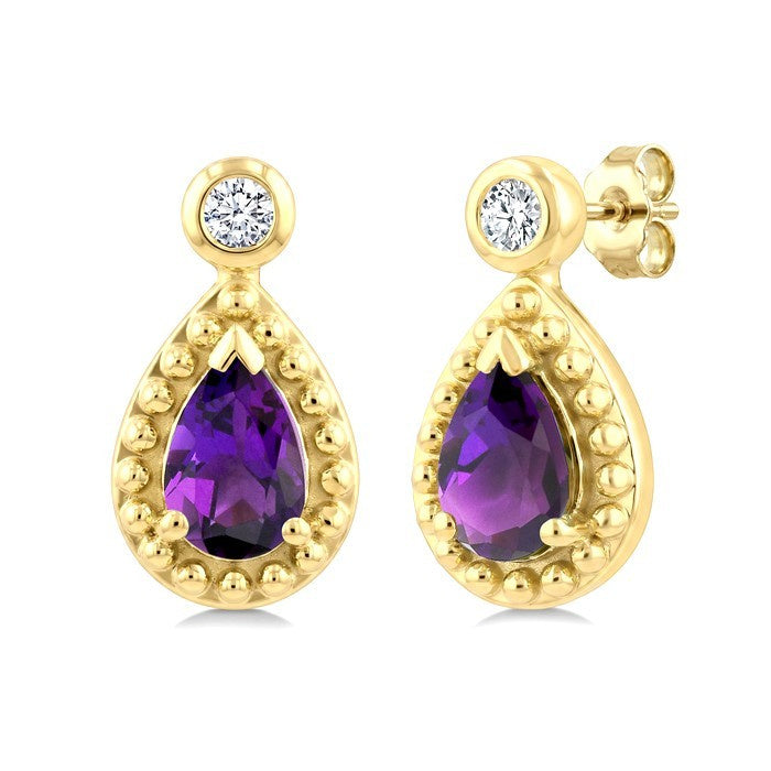6X4 MM Pear Cut Amethyst and 1/20 Ctw Round Cut Bead Bijoux Diamond Semi-Precious Beaded Earrings in 10K Yellow Gold