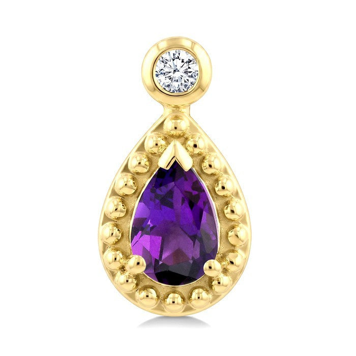 6X4 MM Pear Cut Amethyst and 1/20 Ctw Round Cut Bead Bijoux Diamond Semi-Precious Beaded Earrings in 10K Yellow Gold