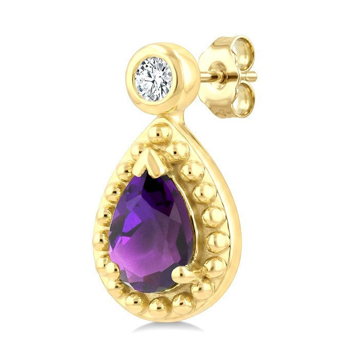 6X4 MM Pear Cut Amethyst and 1/20 Ctw Round Cut Bead Bijoux Diamond Semi-Precious Beaded Earrings in 10K Yellow Gold