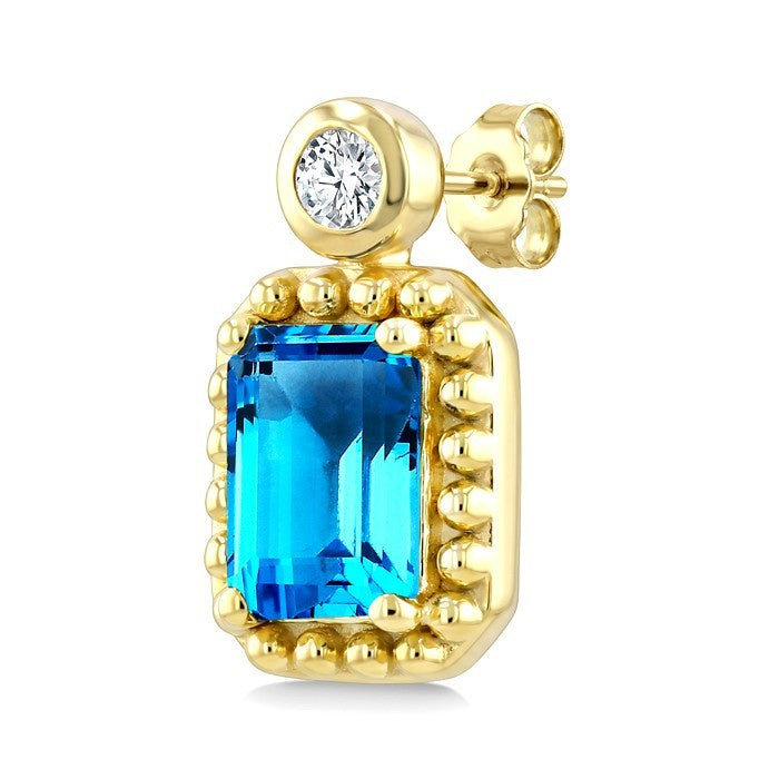 6X4 MM Octagon Cut Blue Topaz and 1/20 Ctw Round Cut Bead Bijoux Diamond Semi-Precious Beaded Earrings in 10K Yellow Gold