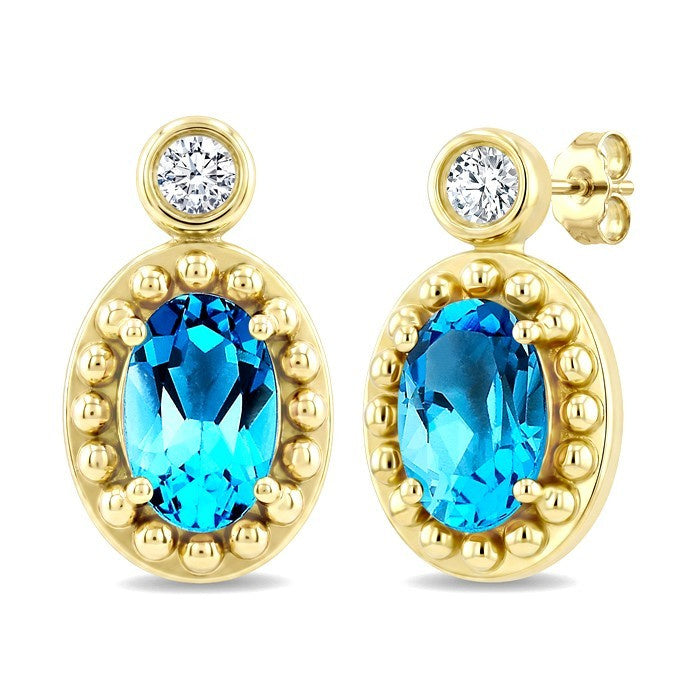 6X4 MM Oval Cut Blue Topaz and 1/20 Ctw Round Cut Bead Bijoux Diamond Semi-Precious Beaded Earrings in 10K Yellow Gold