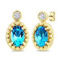 6X4 MM Oval Cut Blue Topaz and 1/20 Ctw Round Cut Bead Bijoux Diamond Semi-Precious Beaded Earrings in 10K Yellow Gold
