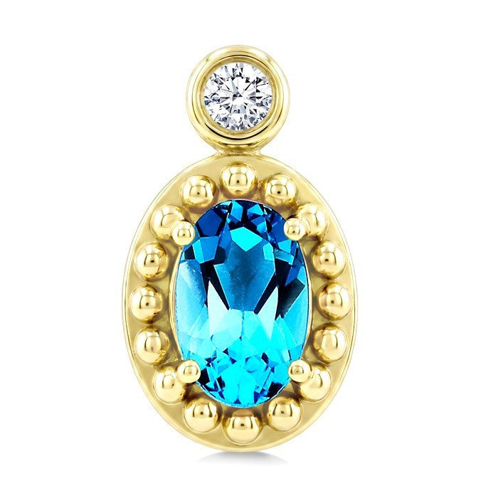 6X4 MM Oval Cut Blue Topaz and 1/20 Ctw Round Cut Bead Bijoux Diamond Semi-Precious Beaded Earrings in 10K Yellow Gold