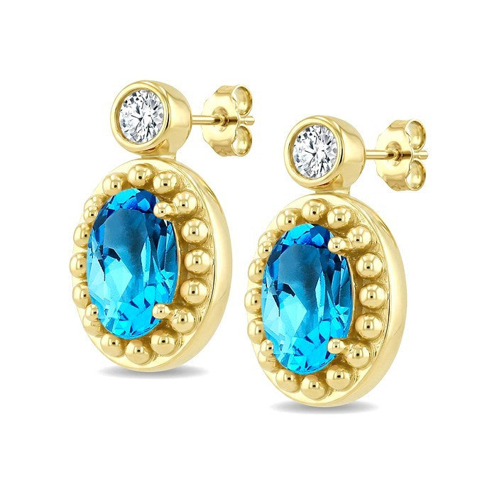 6X4 MM Oval Cut Blue Topaz and 1/20 Ctw Round Cut Bead Bijoux Diamond Semi-Precious Beaded Earrings in 10K Yellow Gold