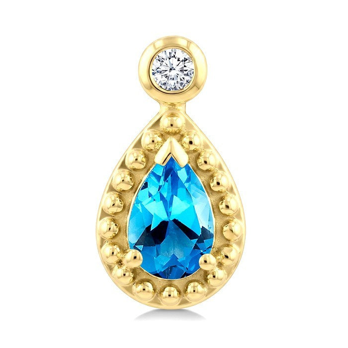 6X4 MM Pear Cut Blue Topaz and 1/20 Ctw Round Cut Bead Bijoux Diamond Semi-Precious Beaded Earrings in 10K Yellow Gold