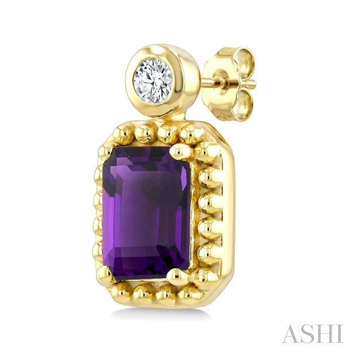 6X4 MM Octagon Cut Amethyst and 1/20 Ctw Round Cut Bead Bijoux Diamond Semi-Precious Beaded Earrings in 10K Yellow Gold