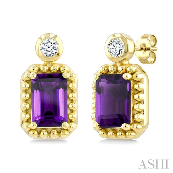 6X4 MM Octagon Cut Amethyst and 1/20 Ctw Round Cut Bead Bijoux Diamond Semi-Precious Beaded Earrings in 10K Yellow Gold