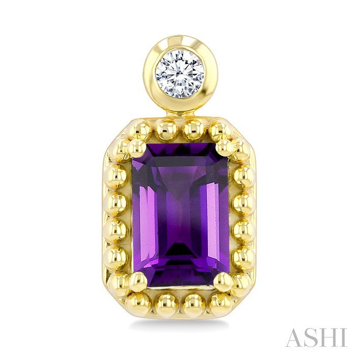 6X4 MM Octagon Cut Amethyst and 1/20 Ctw Round Cut Bead Bijoux Diamond Semi-Precious Beaded Earrings in 10K Yellow Gold