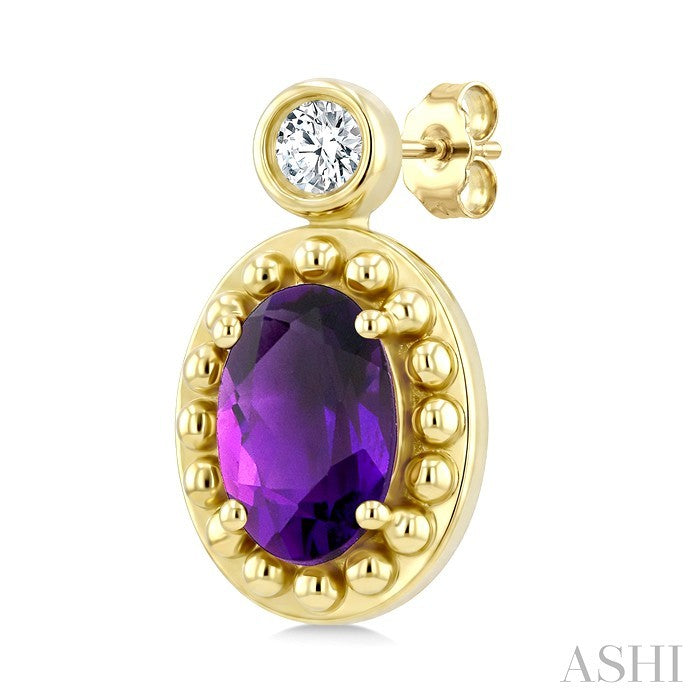 6X4 MM Oval Cut Amethyst and 1/20 Ctw Round Cut Bead Bijoux Diamond Semi-Precious Beaded Earrings in 10K Yellow Gold