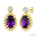 6X4 MM Oval Cut Amethyst and 1/20 Ctw Round Cut Bead Bijoux Diamond Semi-Precious Beaded Earrings in 10K Yellow Gold