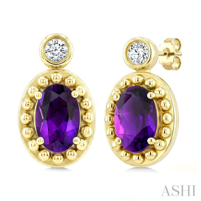 6X4 MM Oval Cut Amethyst and 1/20 Ctw Round Cut Bead Bijoux Diamond Semi-Precious Beaded Earrings in 10K Yellow Gold
