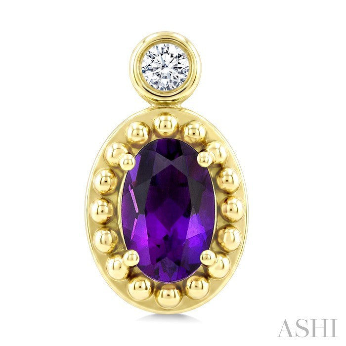 6X4 MM Oval Cut Amethyst and 1/20 Ctw Round Cut Bead Bijoux Diamond Semi-Precious Beaded Earrings in 10K Yellow Gold