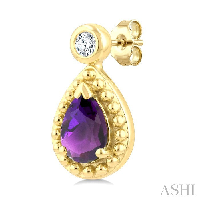 6X4 MM Pear Cut Amethyst and 1/20 Ctw Round Cut Bead Bijoux Diamond Semi-Precious Beaded Earrings in 10K Yellow Gold