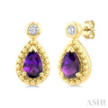 6X4 MM Pear Cut Amethyst and 1/20 Ctw Round Cut Bead Bijoux Diamond Semi-Precious Beaded Earrings in 10K Yellow Gold