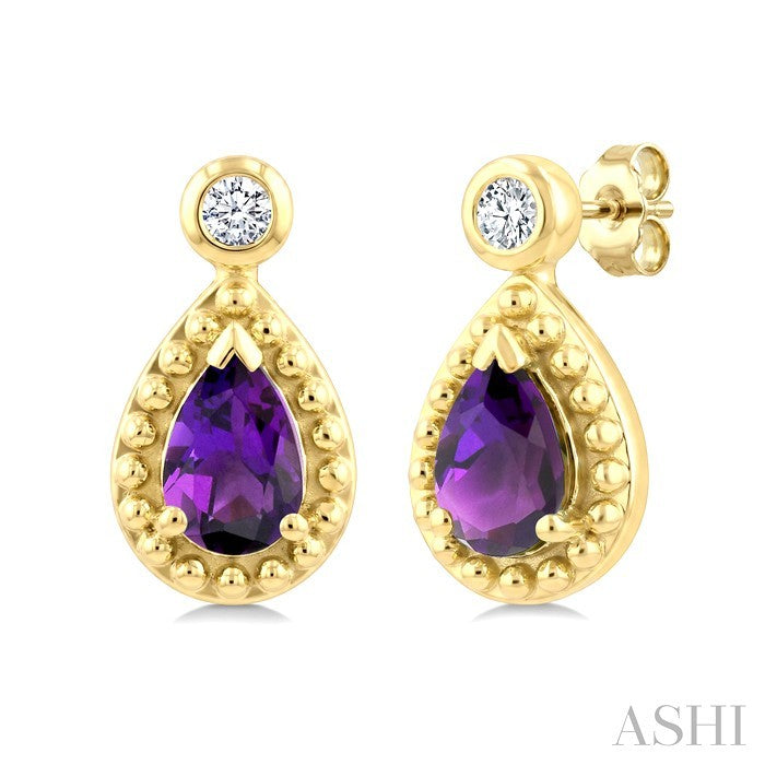 6X4 MM Pear Cut Amethyst and 1/20 Ctw Round Cut Bead Bijoux Diamond Semi-Precious Beaded Earrings in 10K Yellow Gold