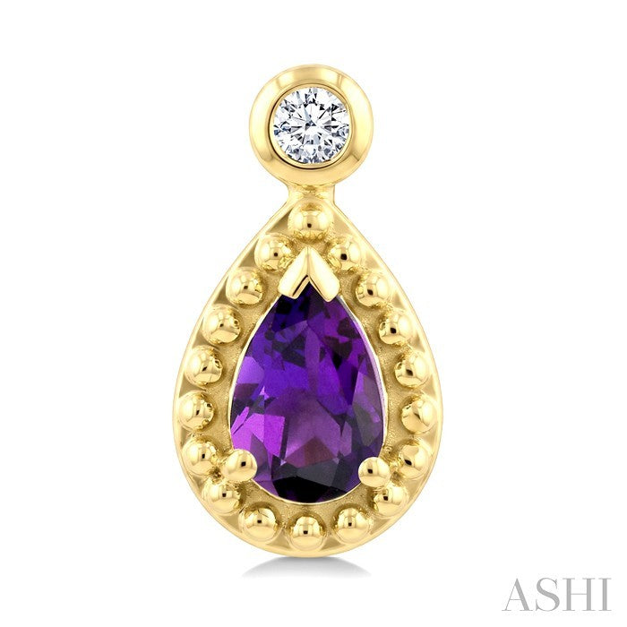 6X4 MM Pear Cut Amethyst and 1/20 Ctw Round Cut Bead Bijoux Diamond Semi-Precious Beaded Earrings in 10K Yellow Gold