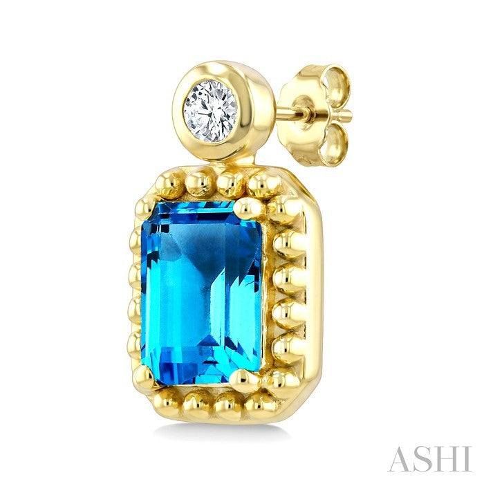 6X4 MM Octagon Cut Blue Topaz and 1/20 Ctw Round Cut Bead Bijoux Diamond Semi-Precious Beaded Earrings in 10K Yellow Gold