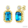 6X4 MM Octagon Cut Blue Topaz and 1/20 Ctw Round Cut Bead Bijoux Diamond Semi-Precious Beaded Earrings in 10K Yellow Gold