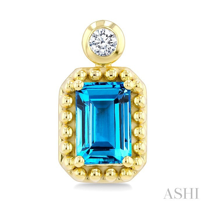 6X4 MM Octagon Cut Blue Topaz and 1/20 Ctw Round Cut Bead Bijoux Diamond Semi-Precious Beaded Earrings in 10K Yellow Gold