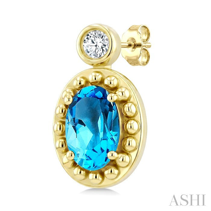 6X4 MM Oval Cut Blue Topaz and 1/20 Ctw Round Cut Bead Bijoux Diamond Semi-Precious Beaded Earrings in 10K Yellow Gold