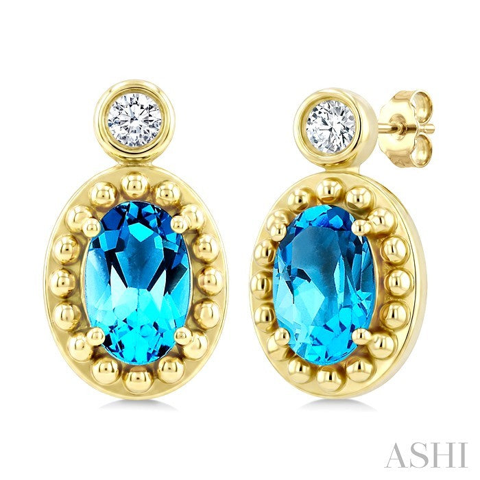 6X4 MM Oval Cut Blue Topaz and 1/20 Ctw Round Cut Bead Bijoux Diamond Semi-Precious Beaded Earrings in 10K Yellow Gold