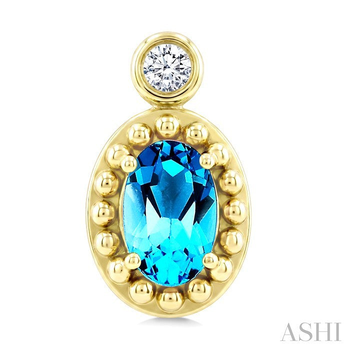 6X4 MM Oval Cut Blue Topaz and 1/20 Ctw Round Cut Bead Bijoux Diamond Semi-Precious Beaded Earrings in 10K Yellow Gold