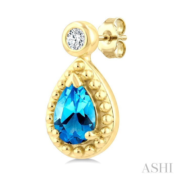 6X4 MM Pear Cut Blue Topaz and 1/20 Ctw Round Cut Bead Bijoux Diamond Semi-Precious Beaded Earrings in 10K Yellow Gold