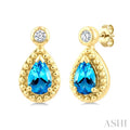 6X4 MM Pear Cut Blue Topaz and 1/20 Ctw Round Cut Bead Bijoux Diamond Semi-Precious Beaded Earrings in 10K Yellow Gold