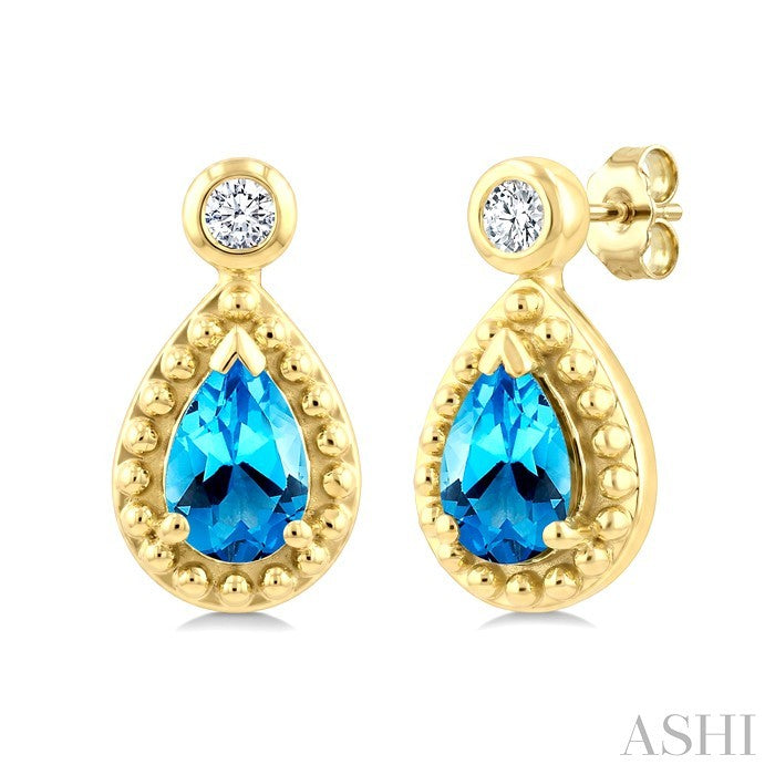 6X4 MM Pear Cut Blue Topaz and 1/20 Ctw Round Cut Bead Bijoux Diamond Semi-Precious Beaded Earrings in 10K Yellow Gold