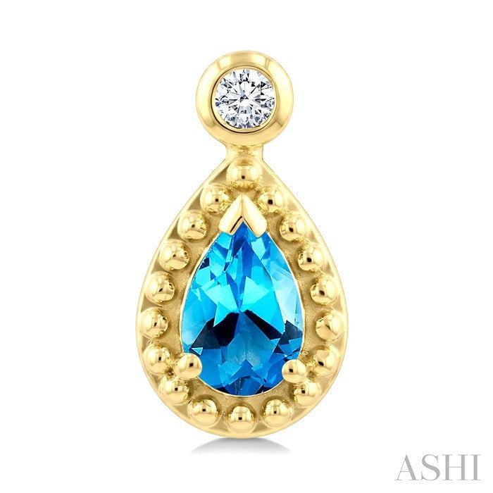 6X4 MM Pear Cut Blue Topaz and 1/20 Ctw Round Cut Bead Bijoux Diamond Semi-Precious Beaded Earrings in 10K Yellow Gold