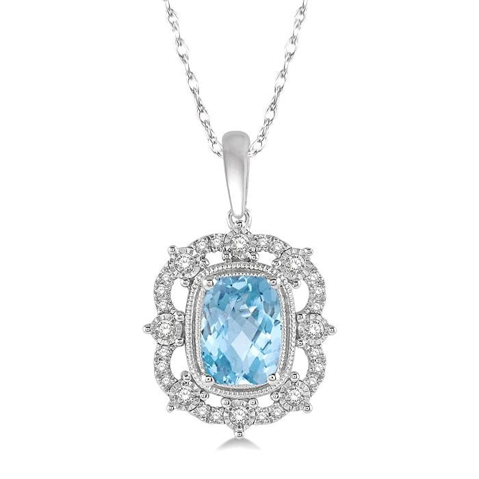 8x6 MM Cushion Shape Aquamarine and 1/5 Ctw Round Cut Diamond Semi-Precious Pendant With Chain in 10K White Gold