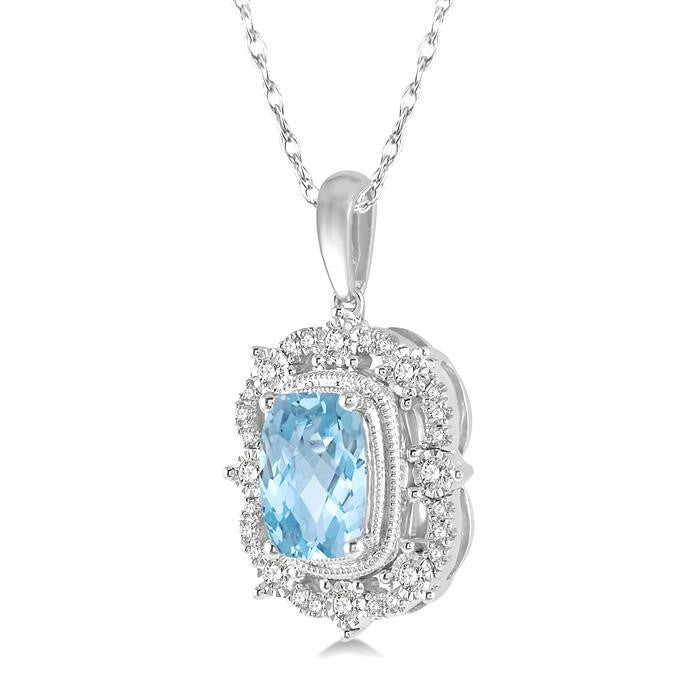 8x6 MM Cushion Shape Aquamarine and 1/5 Ctw Round Cut Diamond Semi-Precious Pendant With Chain in 10K White Gold