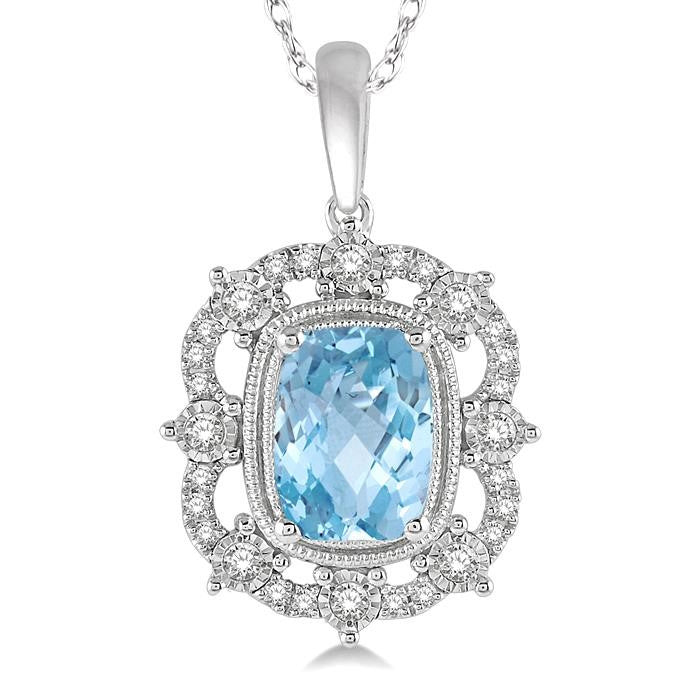 8x6 MM Cushion Shape Aquamarine and 1/5 Ctw Round Cut Diamond Semi-Precious Pendant With Chain in 10K White Gold