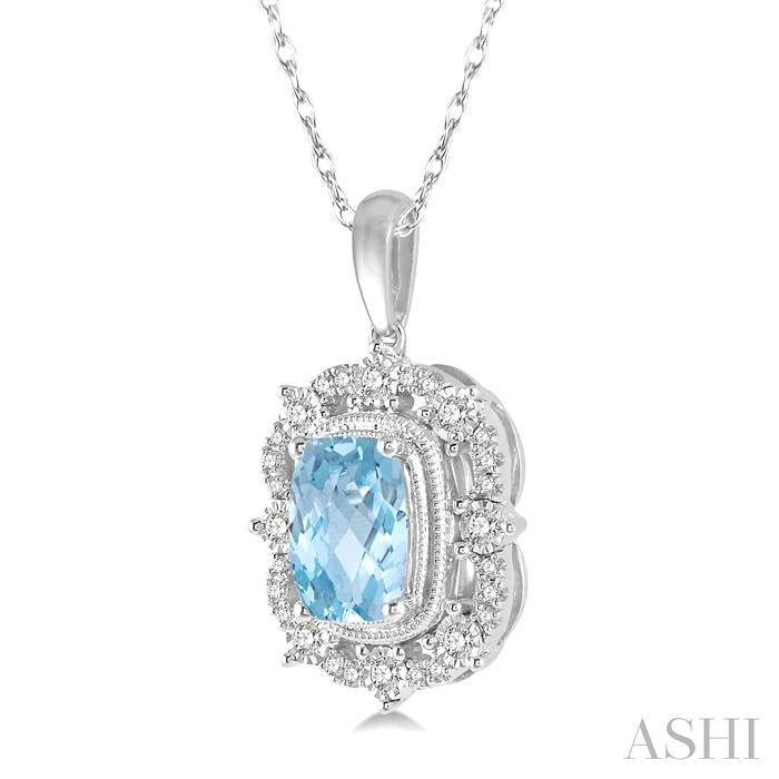 8x6 MM Cushion Shape Aquamarine and 1/5 Ctw Round Cut Diamond Semi-Precious Pendant With Chain in 10K White Gold