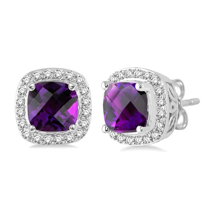 6x6 MM Cushion Shape Amethyst and 1/4 Ctw Round Cut Diamond Earrings in 14K White Gold