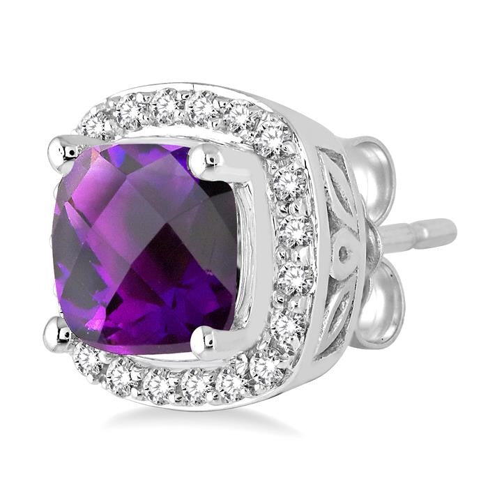 6x6 MM Cushion Shape Amethyst and 1/4 Ctw Round Cut Diamond Earrings in 14K White Gold