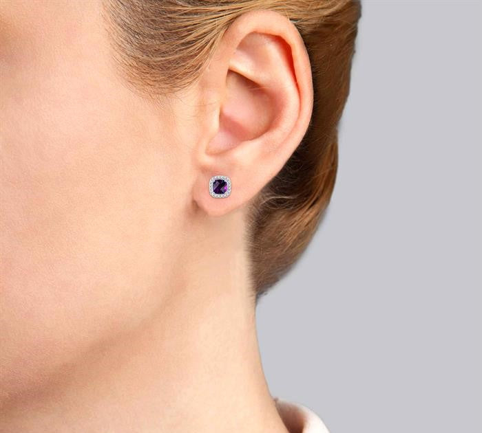 6x6 MM Cushion Shape Amethyst and 1/4 Ctw Round Cut Diamond Earrings in 14K White Gold