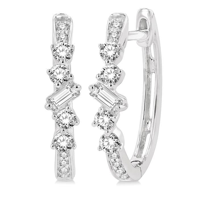 1/3 Ctw Baguette and Round Cut Diamond Hoop Earrings in 14K White Gold