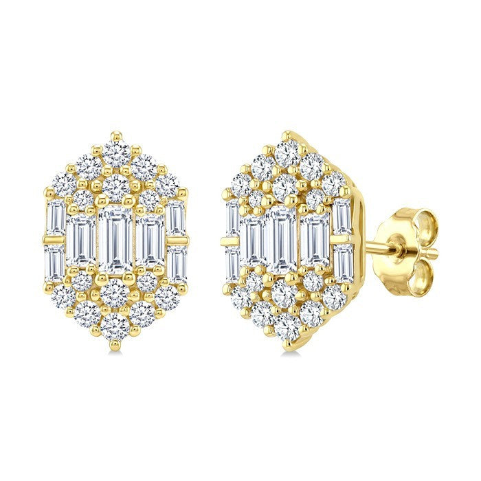 3/4 Ctw Hexagon Fusion Baguette and Round Cut Diamond Fashion Earrings in 14K Yellow Gold